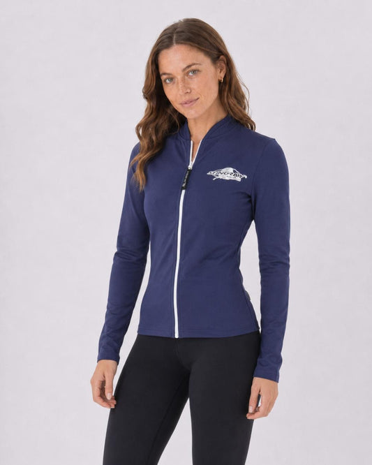 Woman wearing a navy blue UV jacket UPF 50+ on a white background