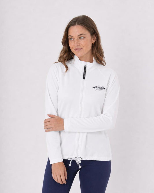 Woman wearing a white long sleeve UV jacket UPF 50+ on a white background