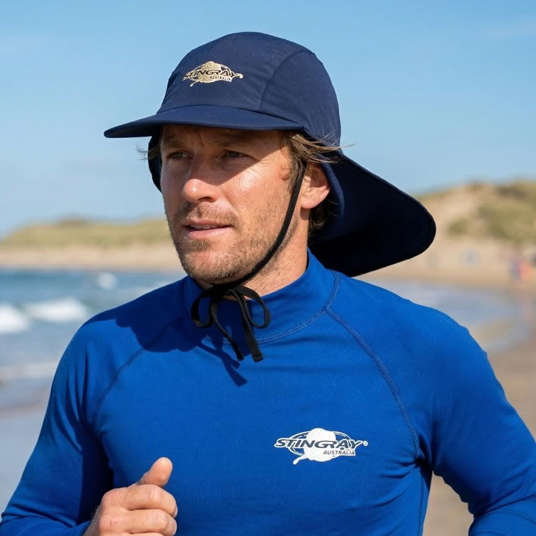 Man running whilst wearing a UPF 50+ legionnaire cap on the beach