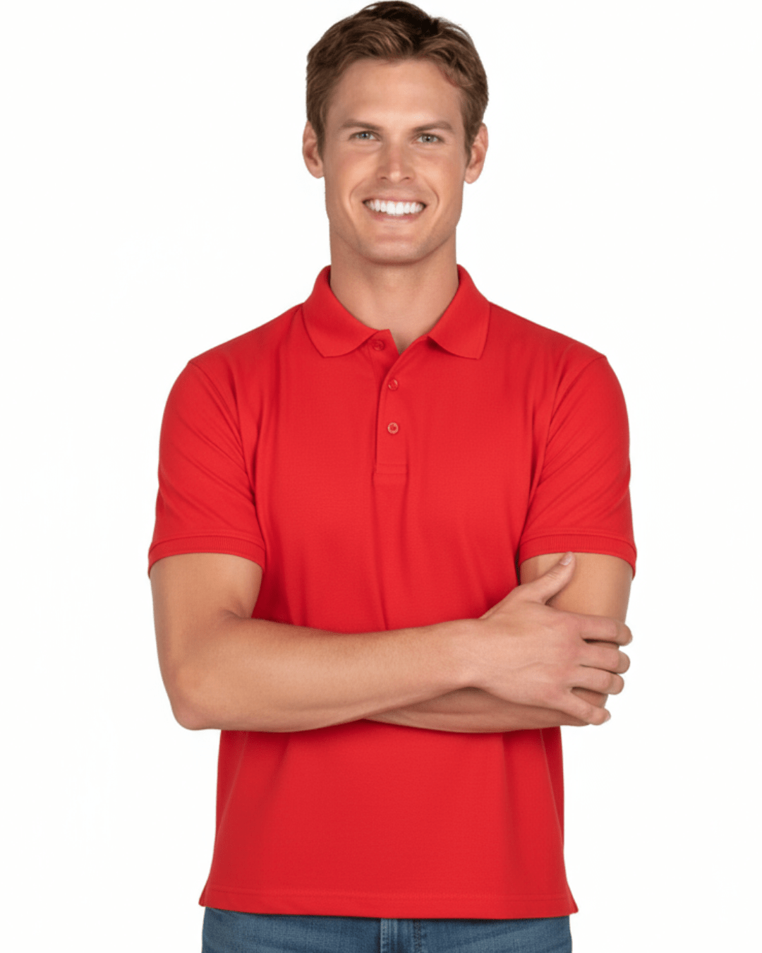 Man wearing a red UPF 50+ polo shirt on a white background