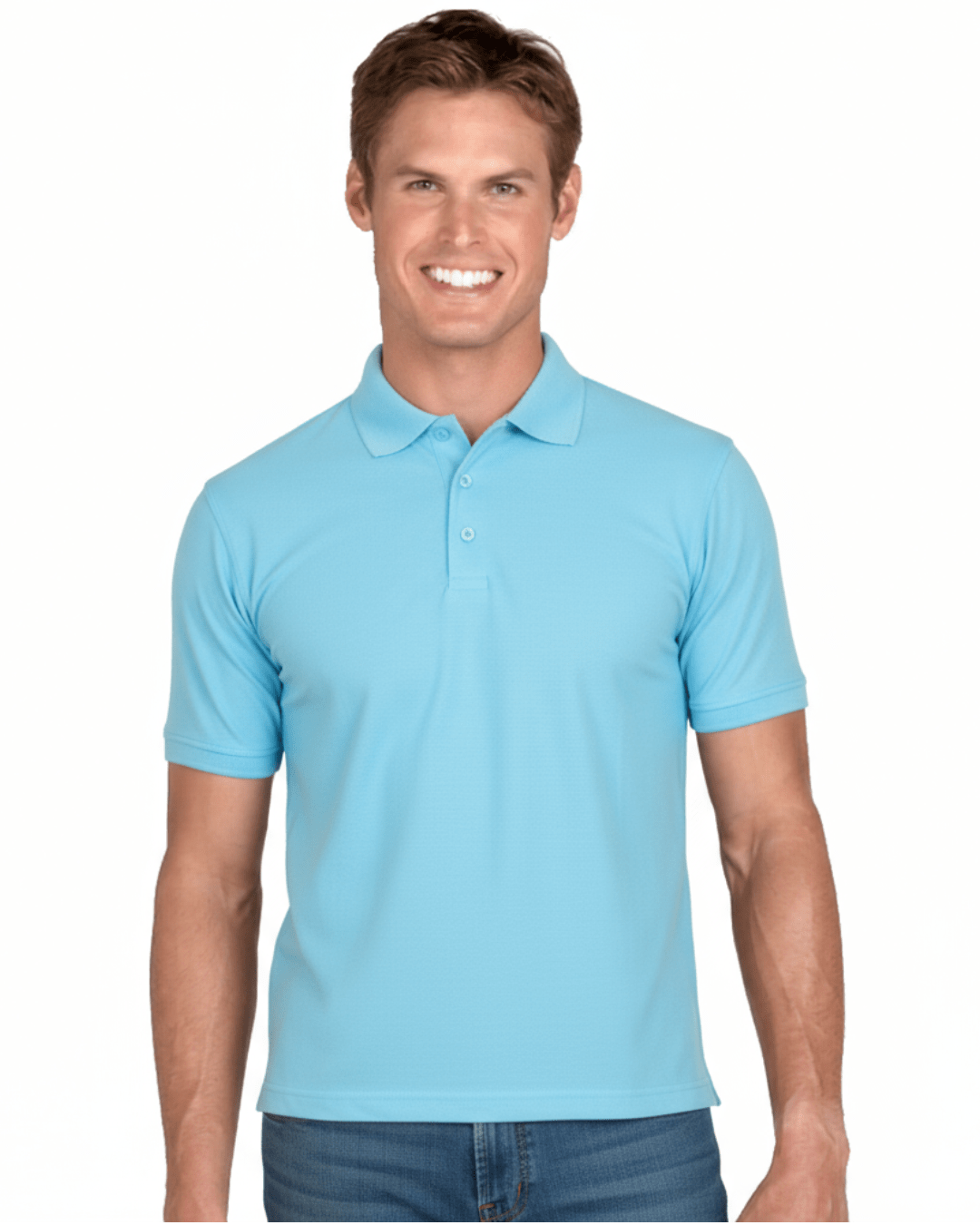 Man wearing a light blue UPF 50+ polo shirt on a white background
