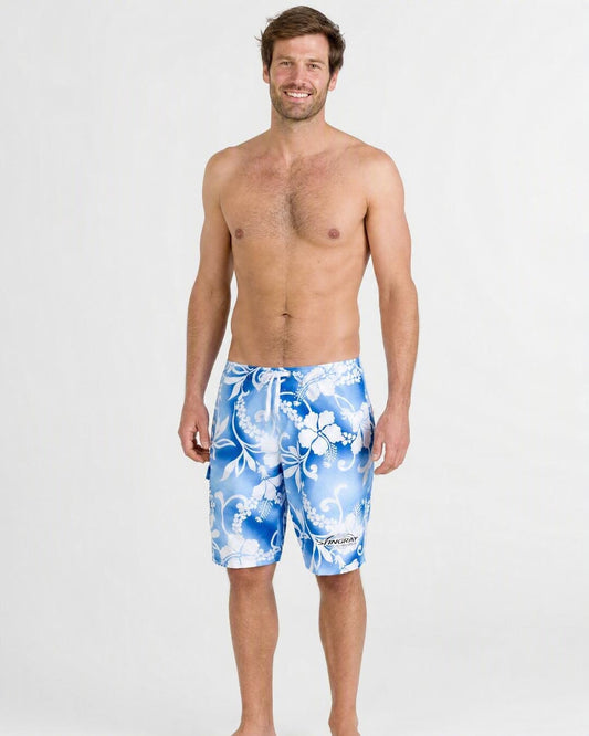 Man wearing the Stingray Blue Hawaii UV Board Shorts UPF 50+ in the studio