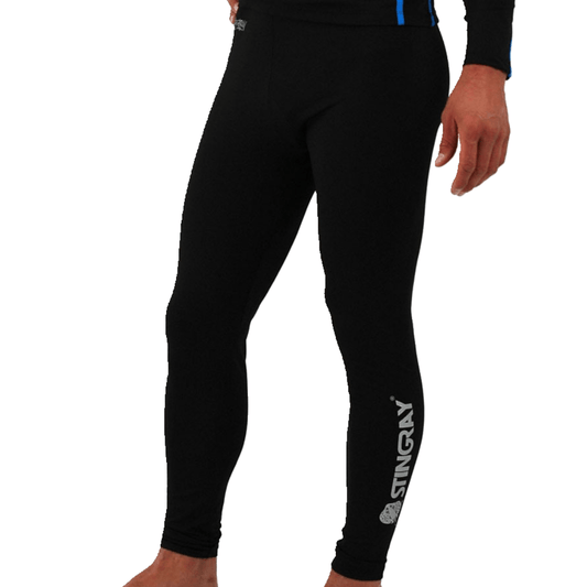 Man wearing the Stingray Unisex Adult Leggings in black with stingray text along the side. These leggings are UPF 50+ rated to provide the best UV sun protection.