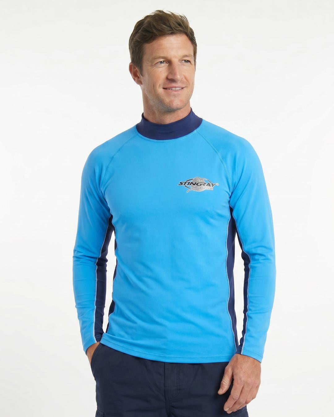 Man wearing an azure and navy long-sleeve UV swim shirt UPF 50+ on a white background