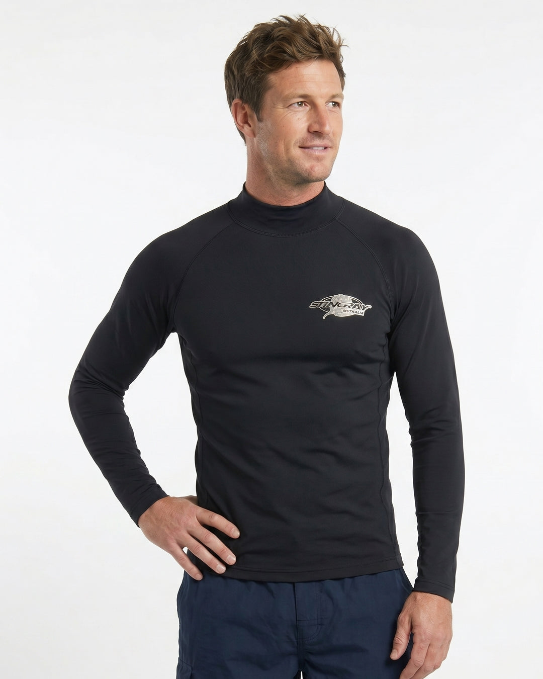Man wearing a black long-sleeve UV swim shirt UPF 50+ on a white background