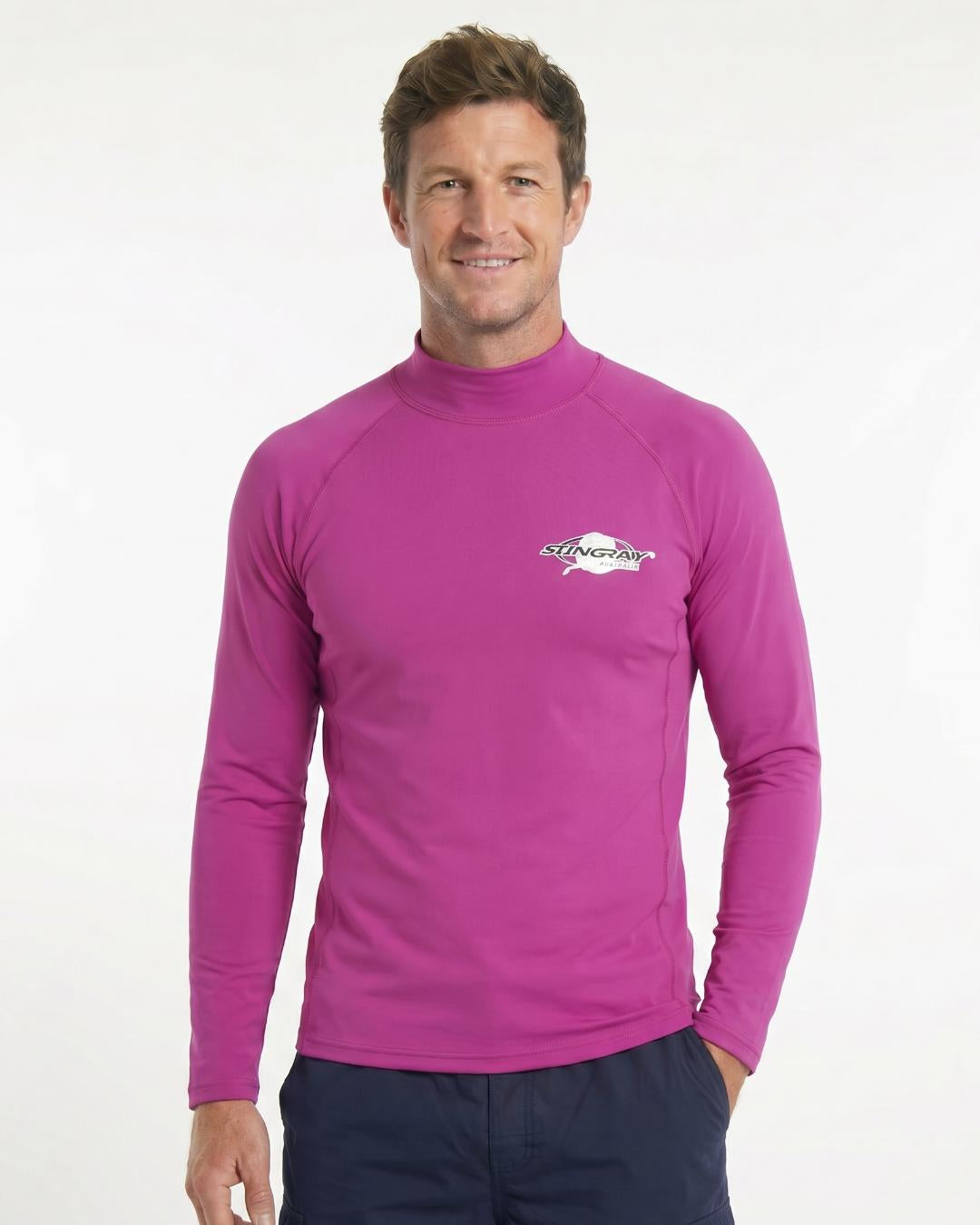 Man wearing a purple long-sleeve UV swim shirt UPF 50+ on a white background
