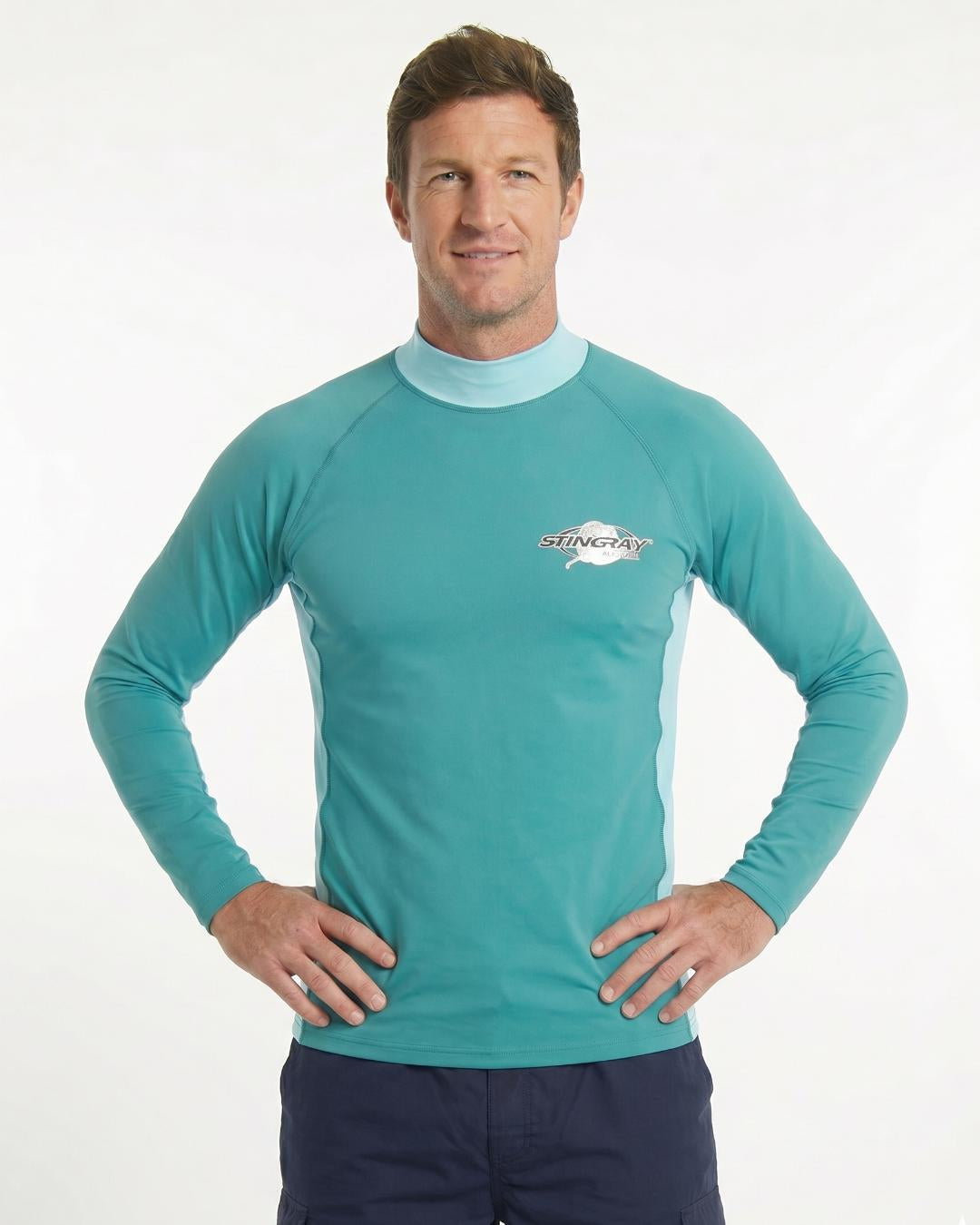 Man wearing a teal and aqua long-sleeve UV swim shirt UPF 50+ on a white background