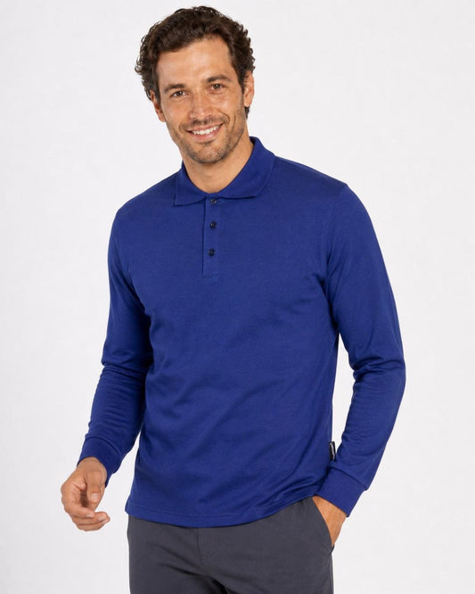 Man wearing a navy blue long-sleeve UV polo shirt on a white background