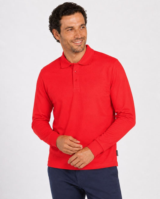 Man wearing a red long-sleeve UV polo shirt on a white background