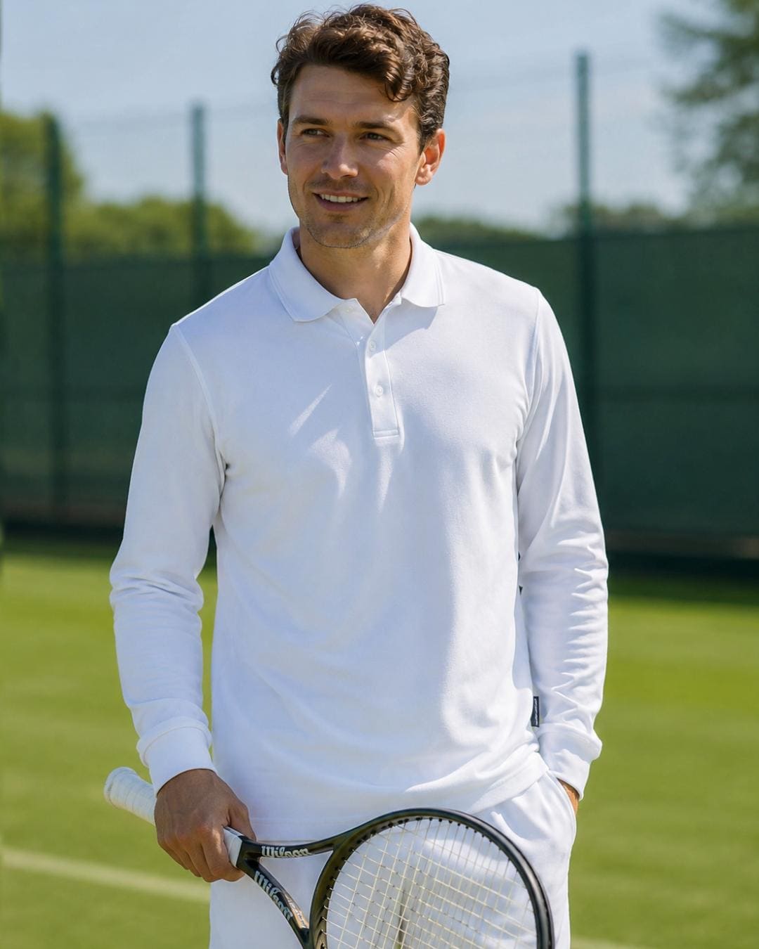 Man wearing a white long-sleeve UV polo shirt playing tennis