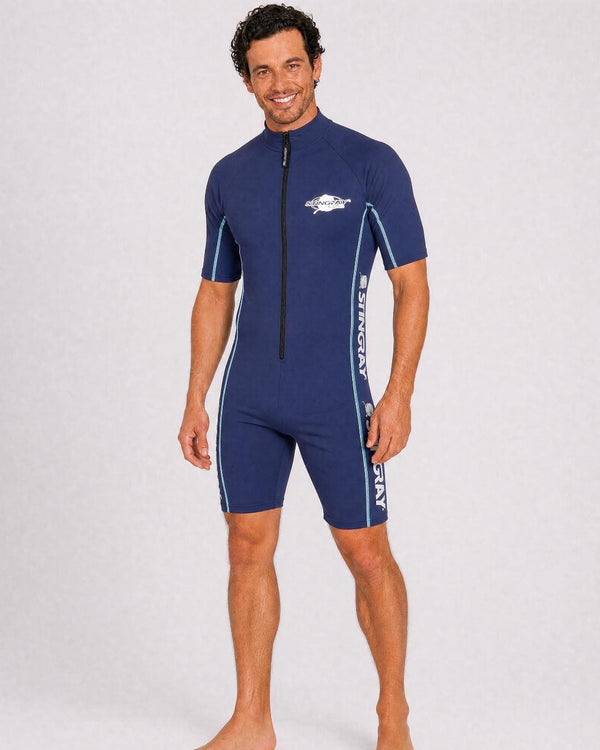 Man wearing a navy blue UV full body swimsuit UPF 50+ on a white background
