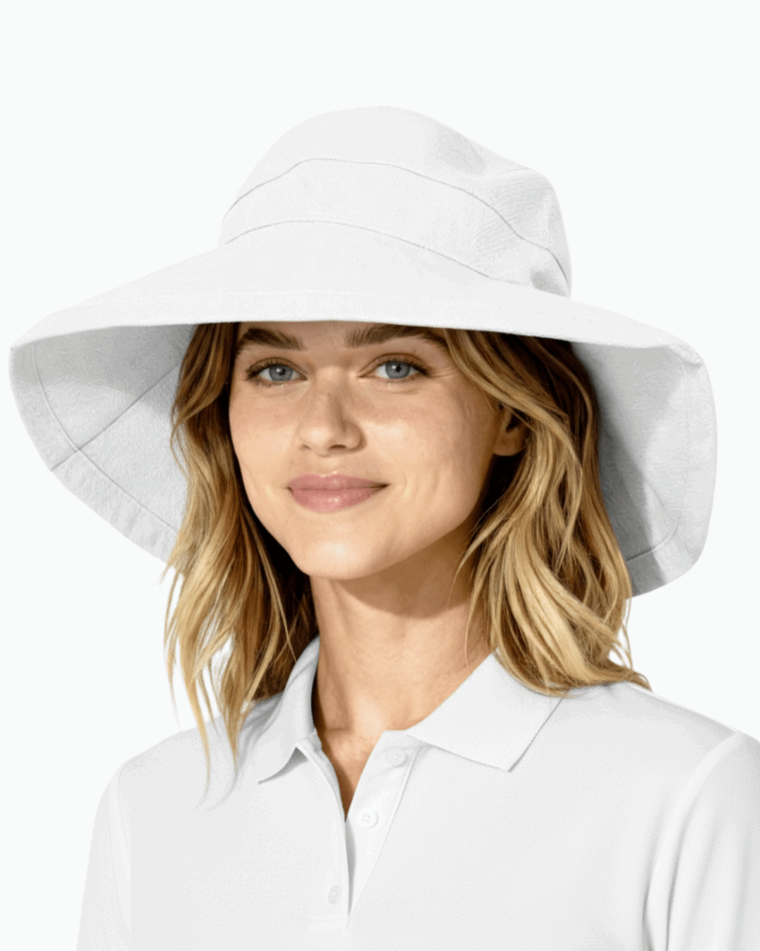 Woman wearing a white Stingray Sun Hat with 4-inch wide brim and UPF 50+ sun protection. 