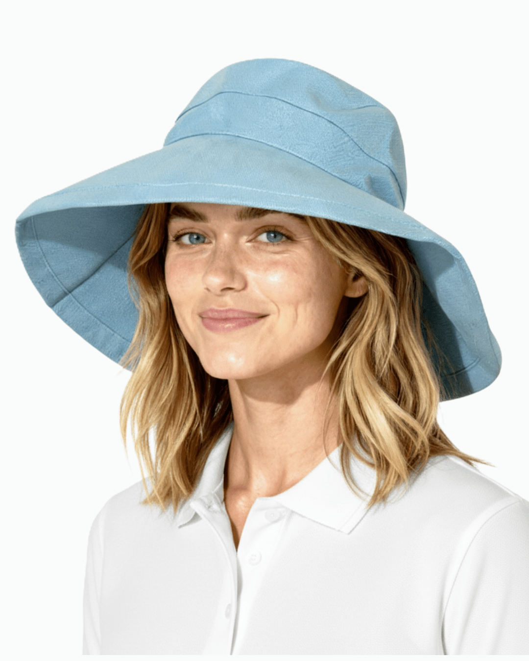 Woman wearing light blue Stingray Women's Sun Hat with 4-inch wide brim and UPF 50+ sun protection. 