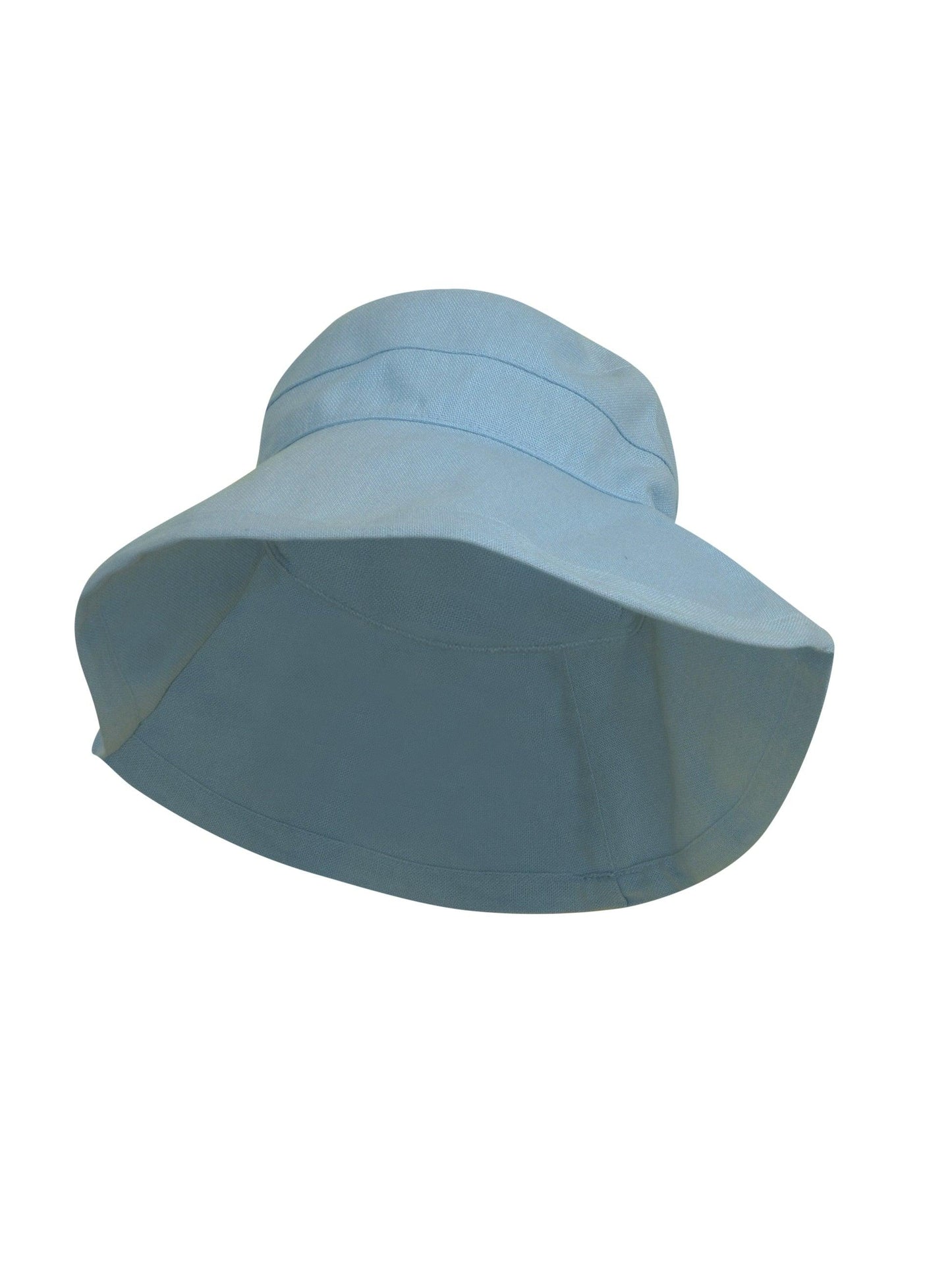 Light blue Stingray Women's Sun Hat with 4-inch wide brim and UPF 50+ sun protection. Fully-lined 100% cotton wide-brimmed sun hat with adjustable interior drawstring.