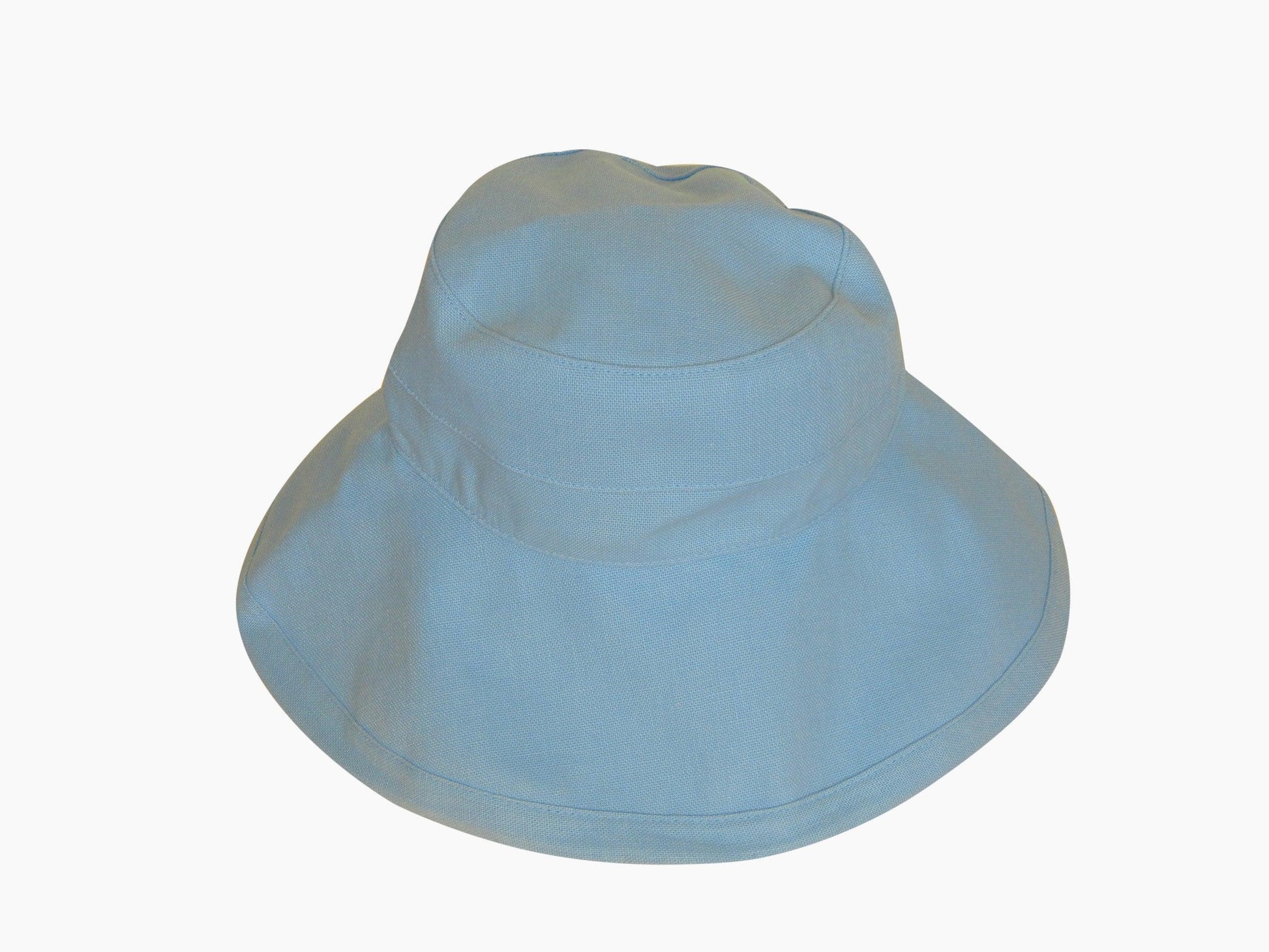 Close-up of the top of the light blue Stingray Women's Sun Hat showcasing breathable cotton fabric and hidden drawstring.