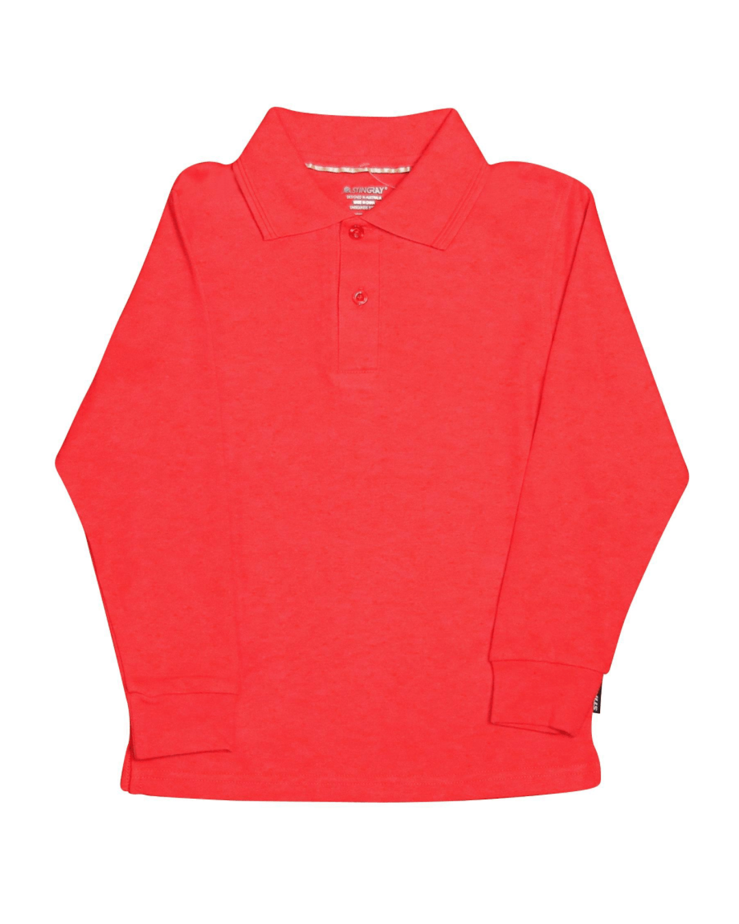Red kids long-sleeve upf 50+ polo shirt on a white background
