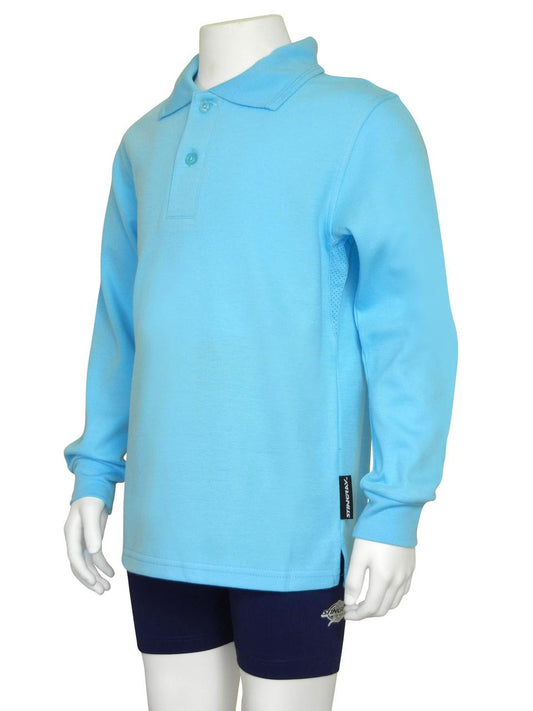 Ice blue Stingray Kids' Long Sleeve Polo Shirt UPF 50+ in cotton-polyester blend with vented armpits, offering maximum sun protection.