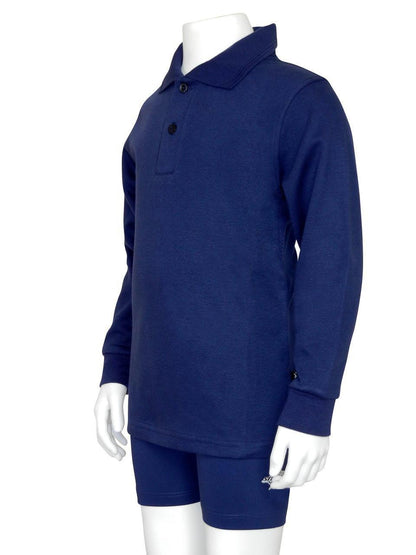 Navy Stingray Kids' Long Sleeve Polo Shirt UPF 50+ in cotton-polyester blend with vented armpits, offering maximum sun protection.