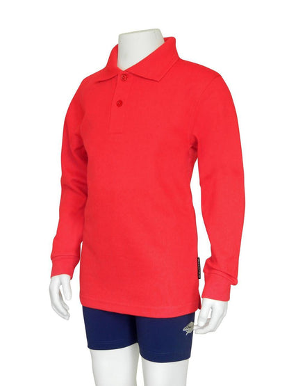 Red Stingray Kids' Long Sleeve Polo Shirt UPF 50+ in cotton-polyester blend with vented armpits, offering maximum sun protection.
