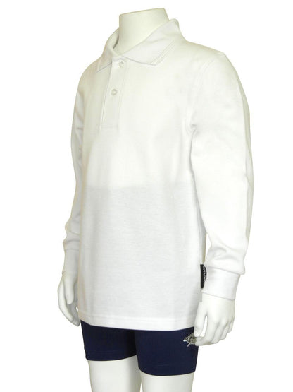 White Stingray Kids' Long Sleeve Polo Shirt UPF 50+ in cotton-polyester blend with vented armpits, offering maximum sun protection.