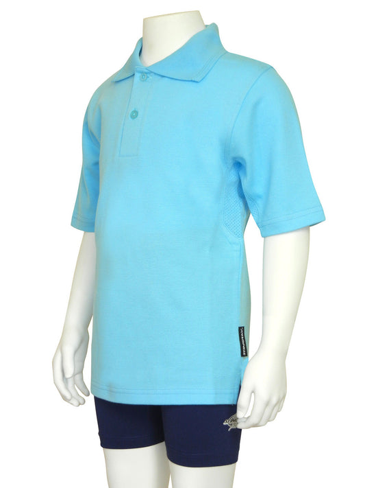 Ice blue Stingray Kids' Short Sleeve Polo Shirt, featuring a smooth cotton-polyester blend with vented armpits for breathability, and a sun protection rating of UPF 50+.