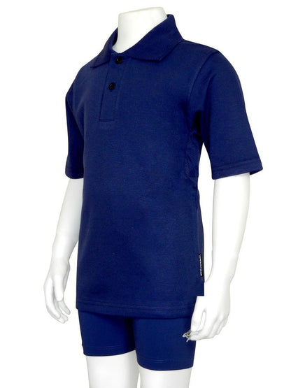 Navy Stingray Kids' Short Sleeve Polo Shirt, featuring a smooth cotton-polyester blend with vented armpits for breathability, and a sun protection rating of UPF 50+.