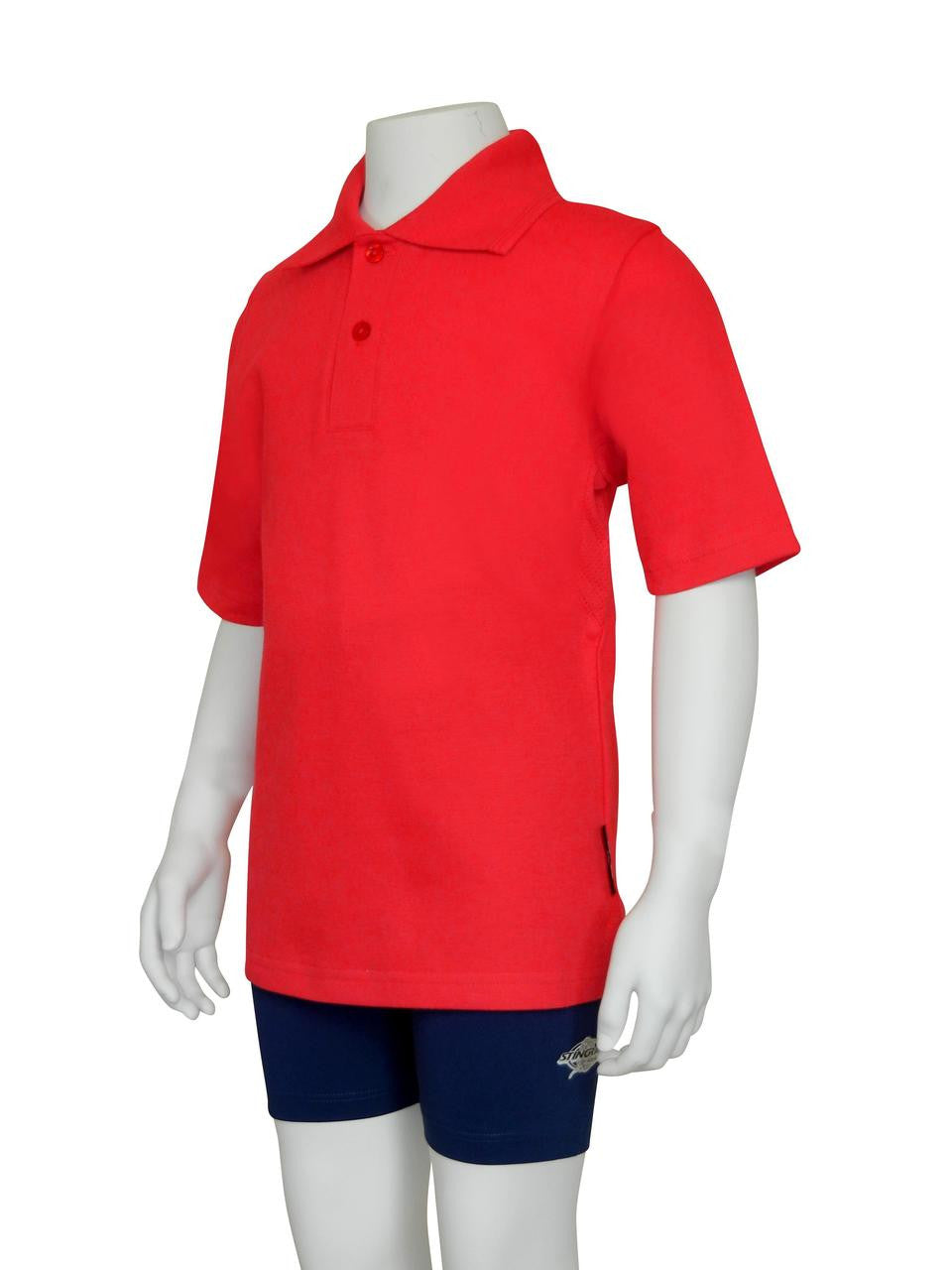 Red Stingray Kids' Short Sleeve Polo Shirt, featuring a smooth cotton-polyester blend with vented armpits for breathability, and a sun protection rating of UPF 50+.