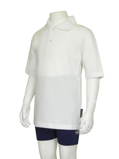 White Stingray Kids' Short Sleeve Polo Shirt, featuring a smooth cotton-polyester blend with vented armpits for breathability, and a sun protection rating of UPF 50+.