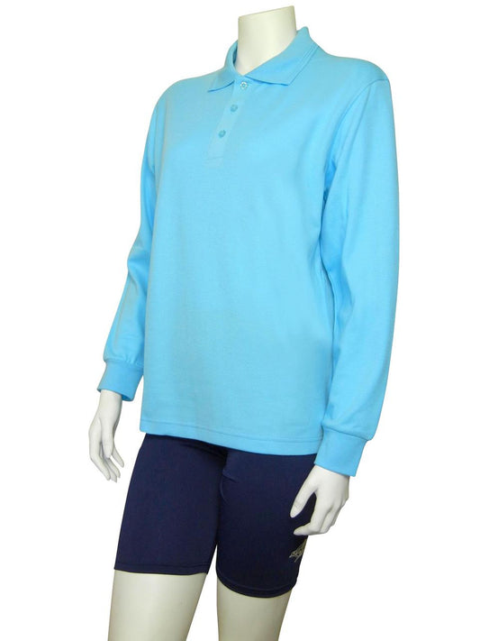 Stingray Ice Blue Long Sleeve UV Protection Polo Shirt with vented armpits, soft cotton-polyester blend, and UPF 50+ sun protection.