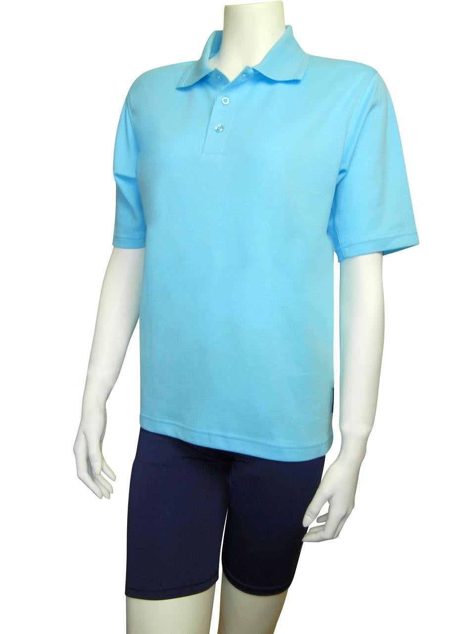 Ice blue Stingray adult short sleeve polo shirt with UPF 50+ sun protection, featuring vented armpits and breathable cotton-polyester blend for outdoor comfort.