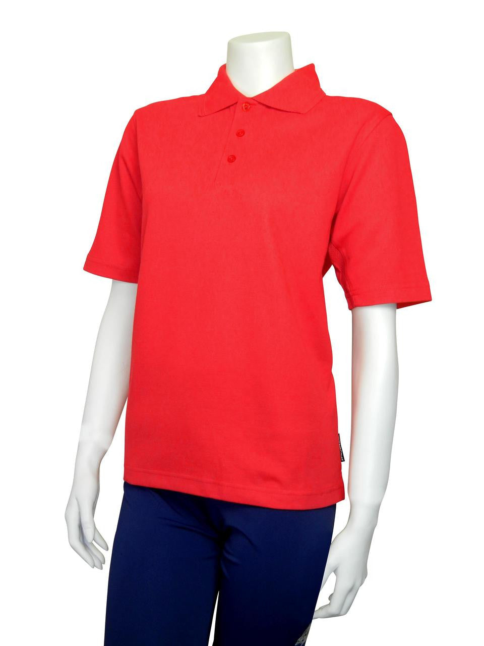 Red Stingray adult short sleeve polo shirt with UPF 50+ sun protection, featuring vented armpits and breathable cotton-polyester blend for outdoor comfort.