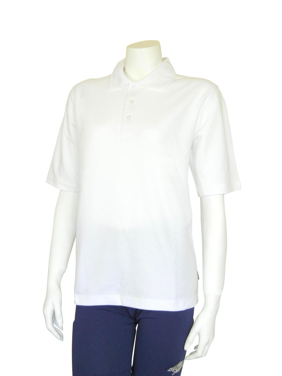 White Stingray adult short sleeve polo shirt with UPF 50+ sun protection, featuring vented armpits and breathable cotton-polyester blend for outdoor comfort.