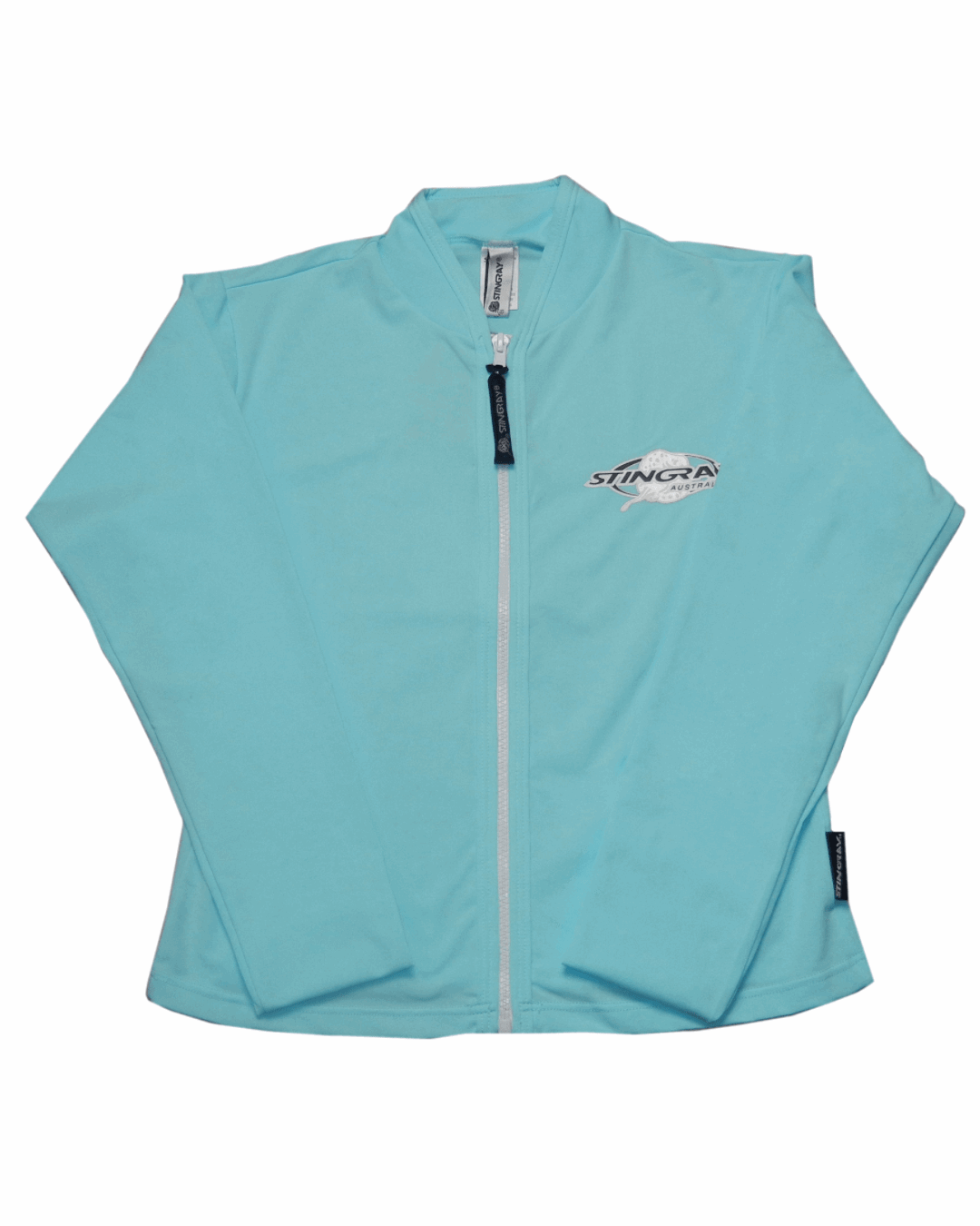 Flat lay of the aqua Stingray Zipped Long Sleeve Jacket with front zip and made from UPF 50+ sun protection fabric.