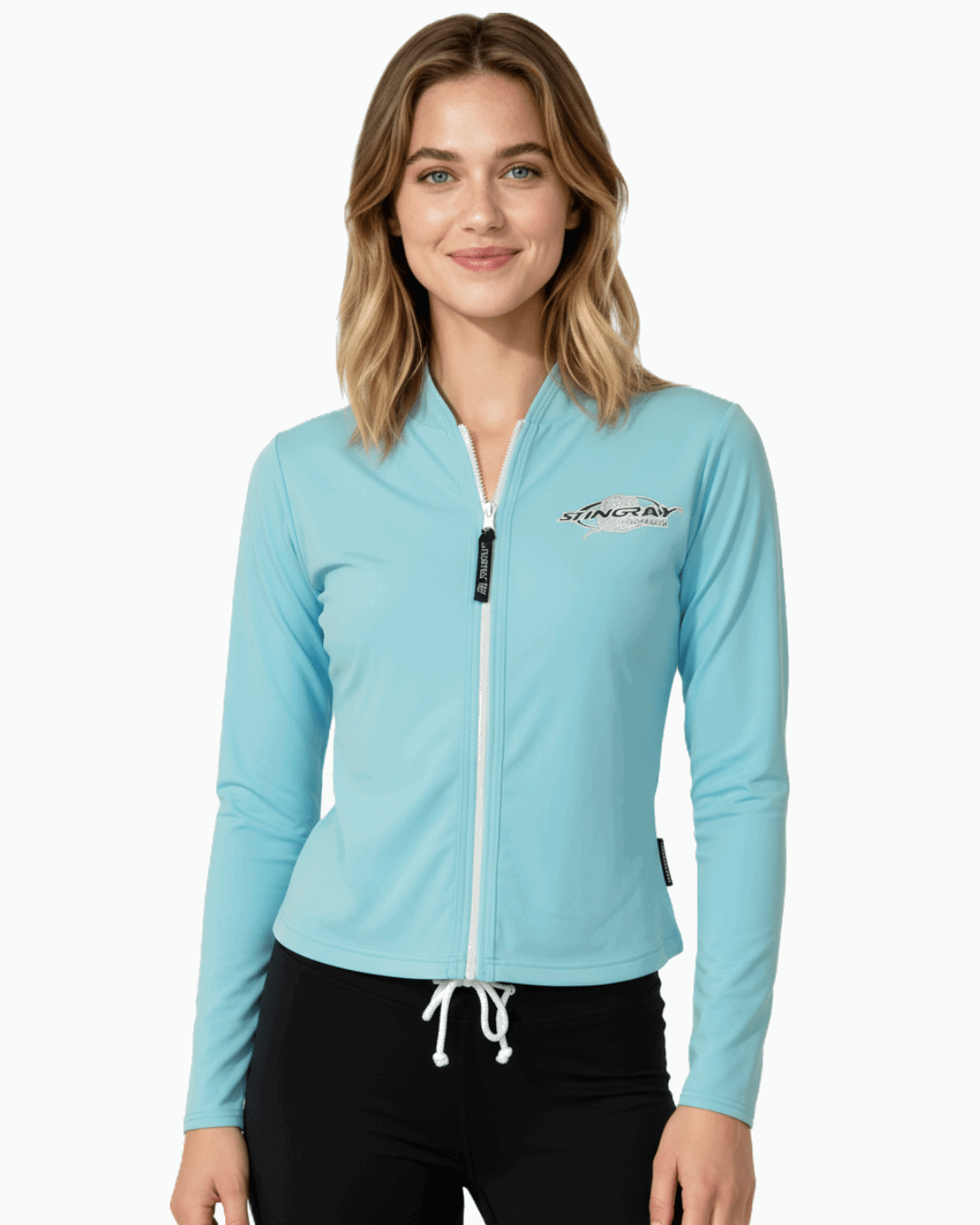 Woman wearing an aqua Stingray Zipped Long Sleeve Jacket with front zip and made from UPF 50+ sun protection fabric.