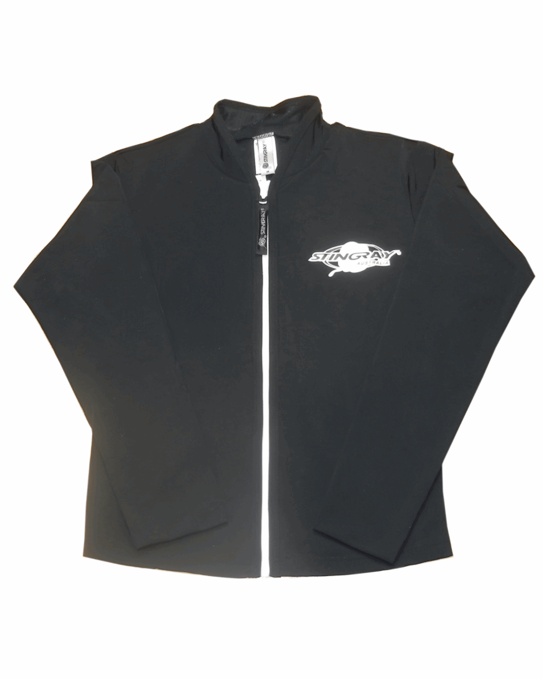 Flat lay of the black Stingray Zipped Long Sleeve Jacket with front zip and made from UPF 50+ sun protection fabric.