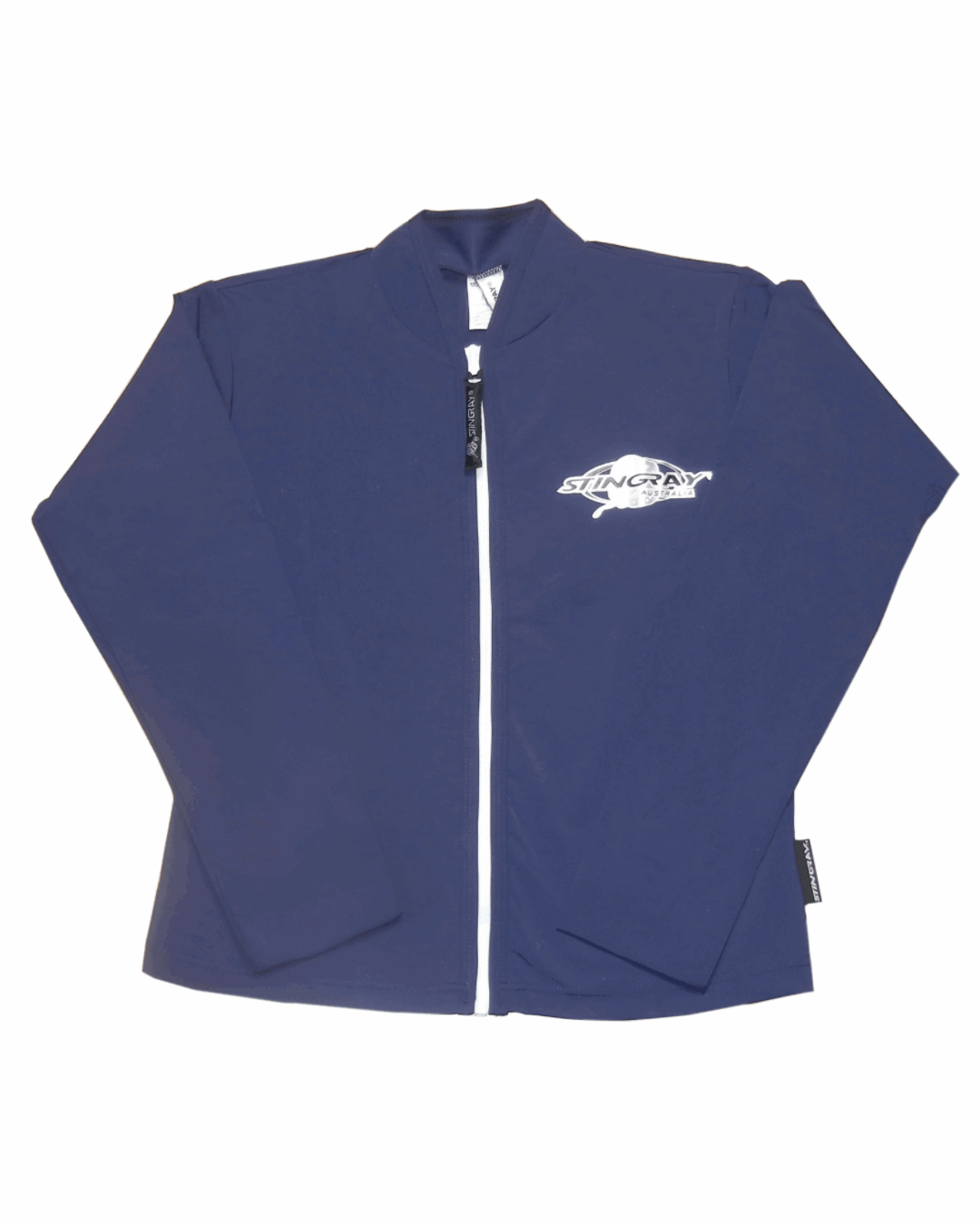 Flat lay of the navy Stingray Zipped Long Sleeve Jacket with front zip and made from UPF 50+ sun protection fabric.