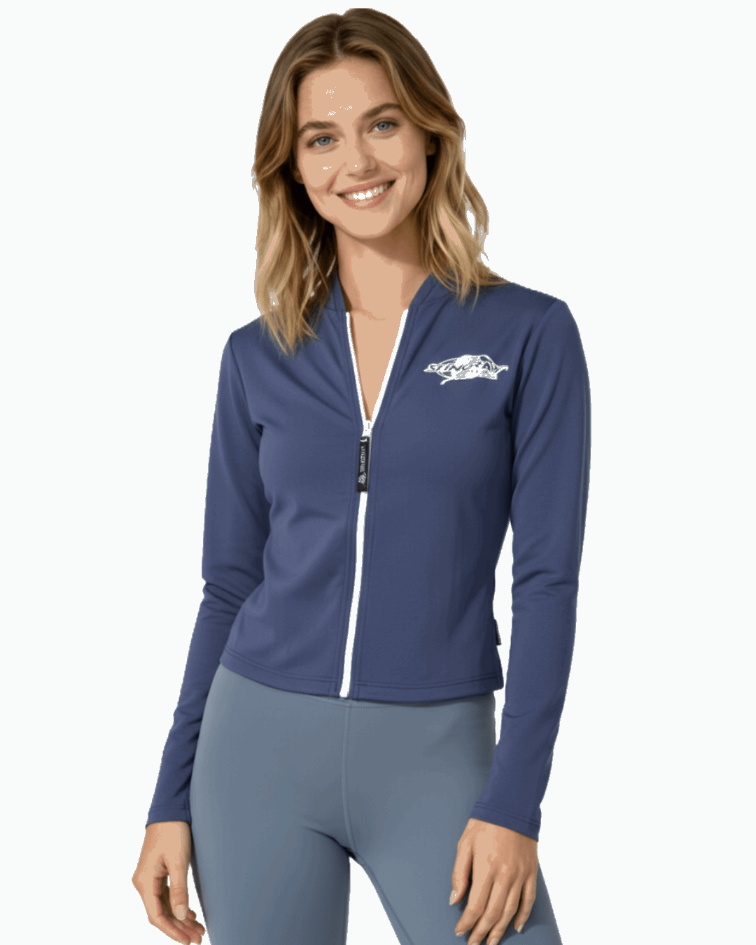Woman wearing a navy Stingray Zipped Long Sleeve Jacket with front zip and made from UPF 50+ sun protection fabric.