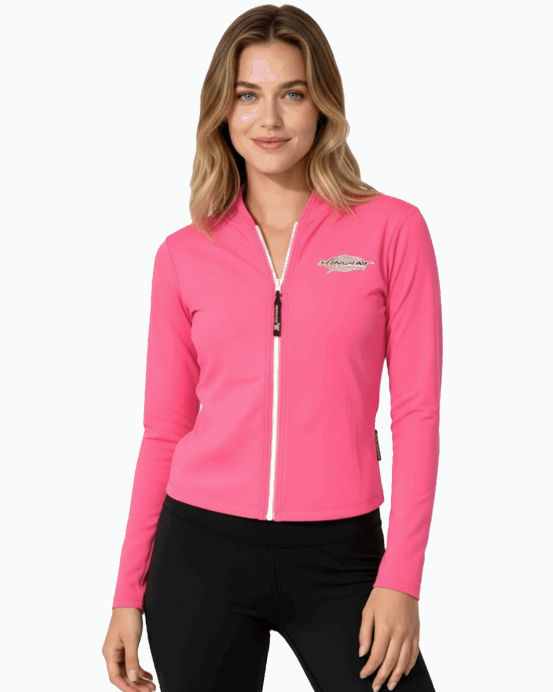Woman wearing a pink Stingray Zipped Long Sleeve Jacket with front zip and made from UPF 50+ sun protection fabric.