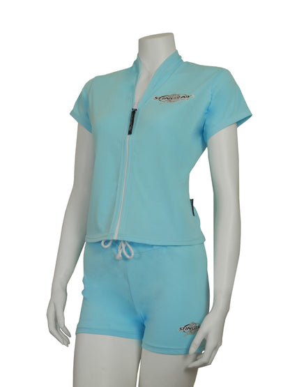 Best aqua Stingray Women's Short Sleeve Jacket with front zip, offering UPF 50+ sun protection and a sleek, functional design.