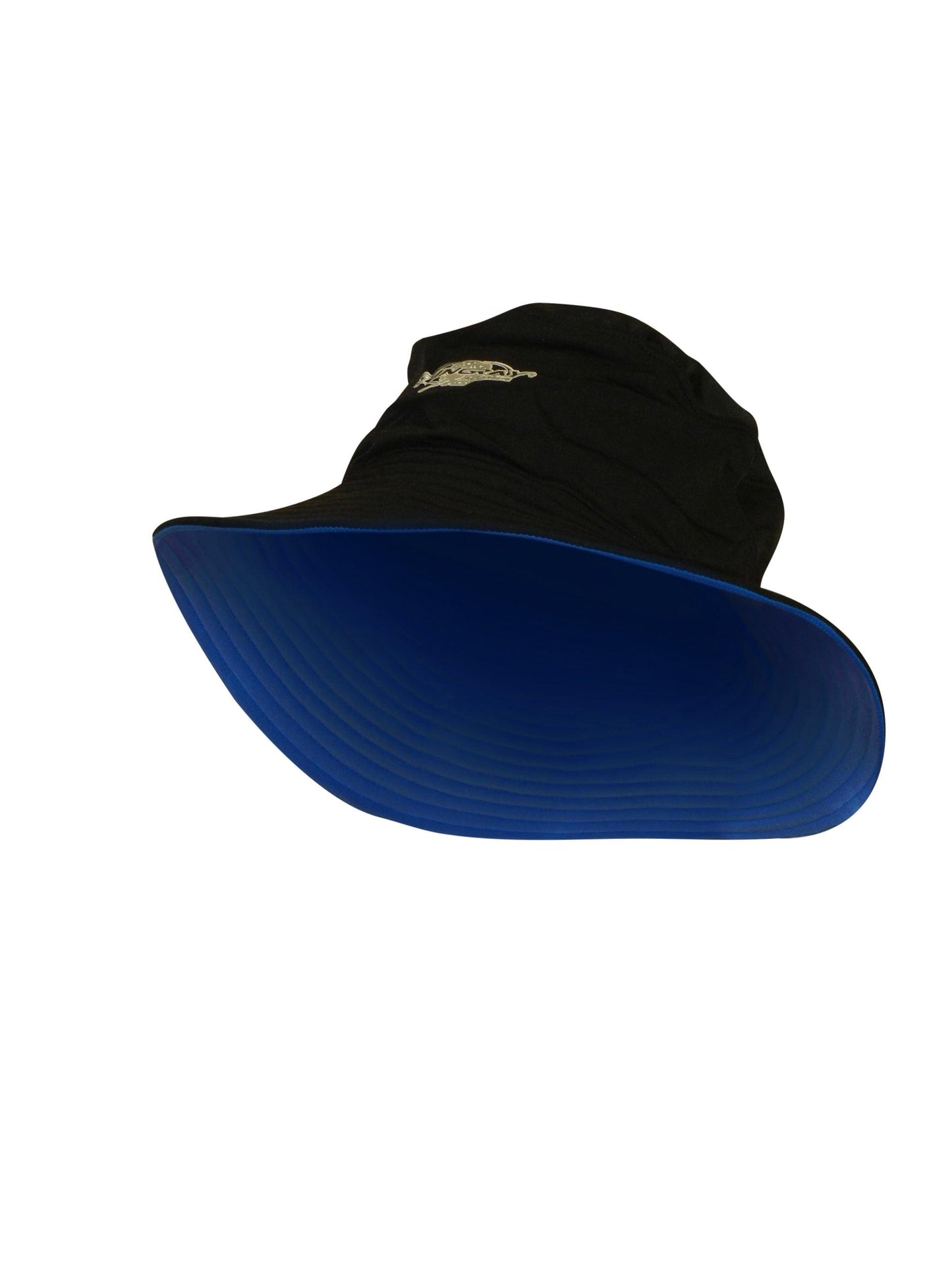 Black and ocean blue Stingray unisex reversible bucket sun hat with UPF 50+ protection, made from chlorine-resistant fabric to block over 97.5% of UV rays, featuring a comfortable fit.