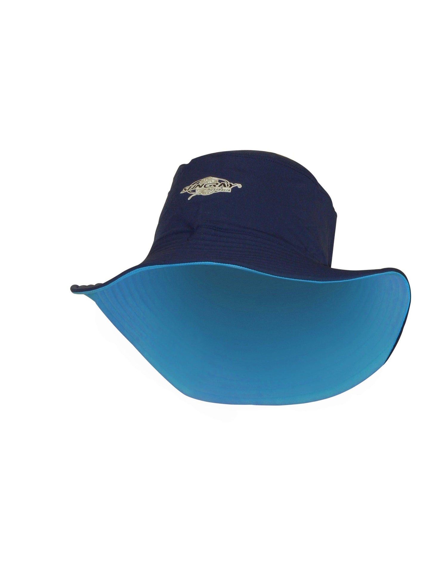 Navy Azure Stingray unisex reversible bucket sun hat with UPF 50+ protection, made from chlorine-resistant fabric to block over 97.5% of UV rays, featuring a comfortable fit.