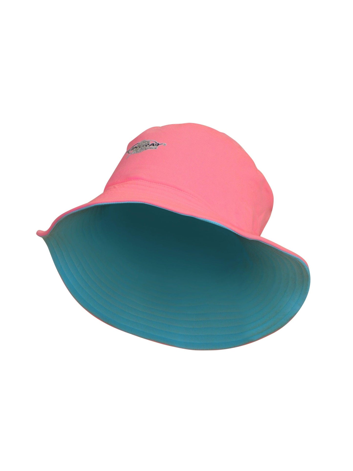 Pink and aqua Stingray unisex reversible bucket sun hat with UPF 50+ protection, made from chlorine-resistant fabric to block over 97.5% of UV rays, featuring a comfortable fit.