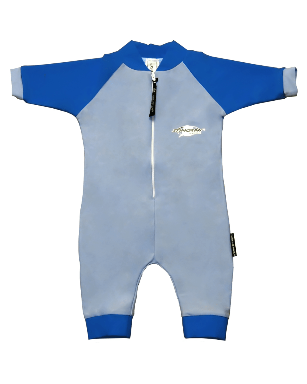 Azure and blue baby UPF 50+ romper with a Stingray logo on a white background