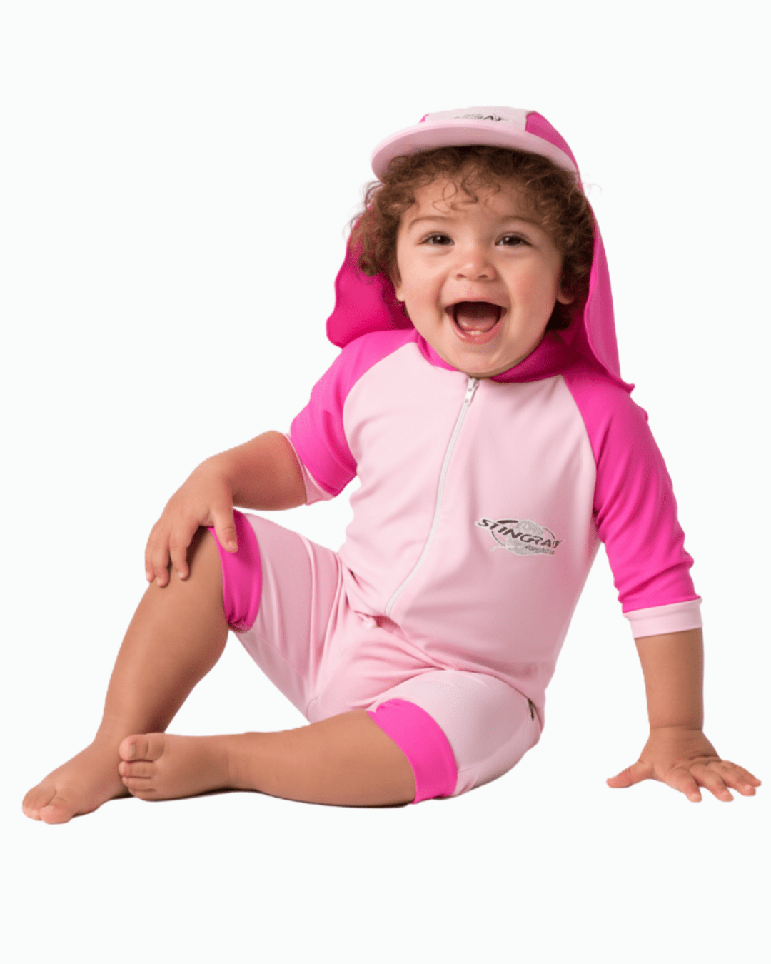 Child wearing a pink and white UV sunsuit with a Stingray logo on a white background