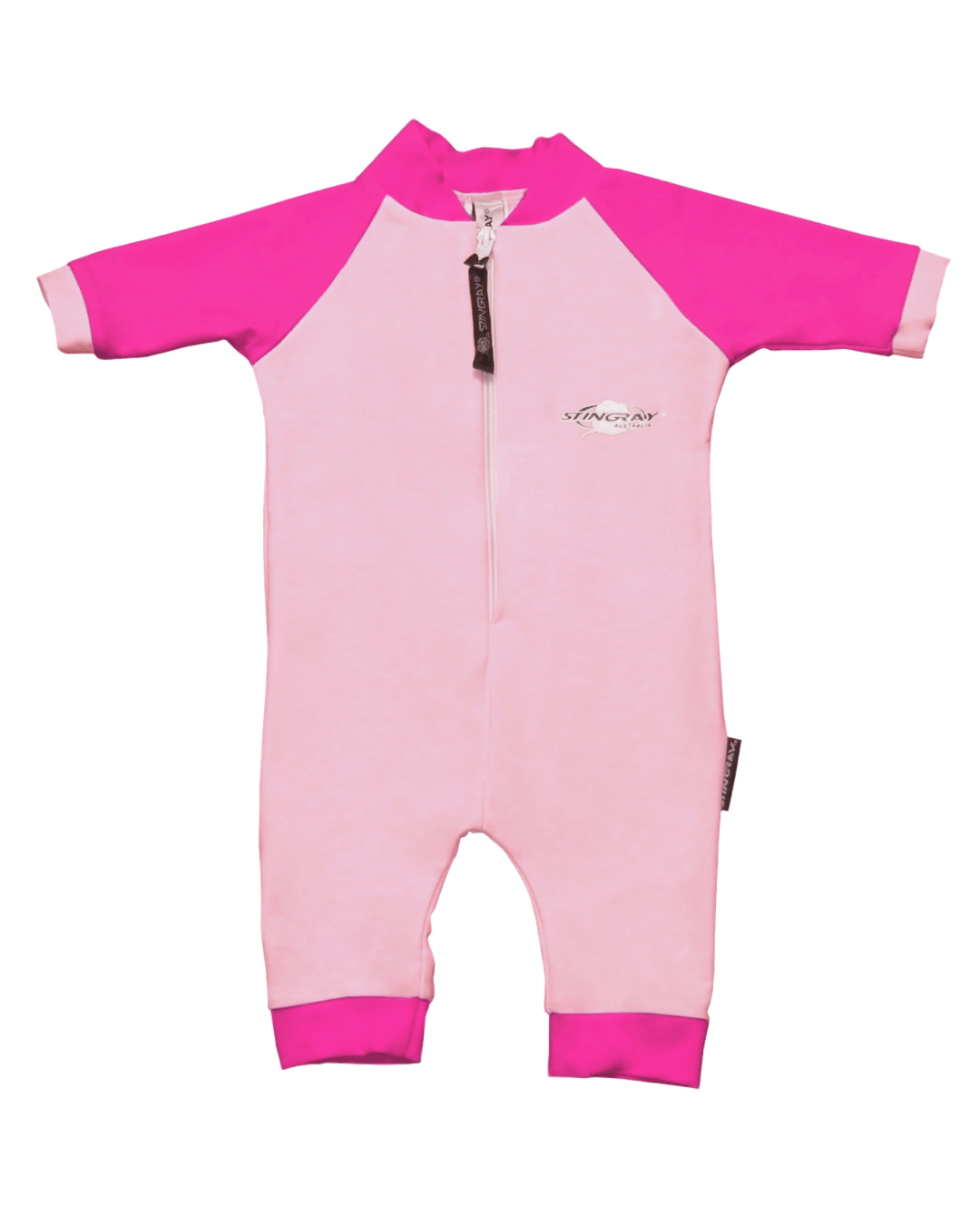 Pink and magenta baby UV protection romper with a Stingray logo on a white background