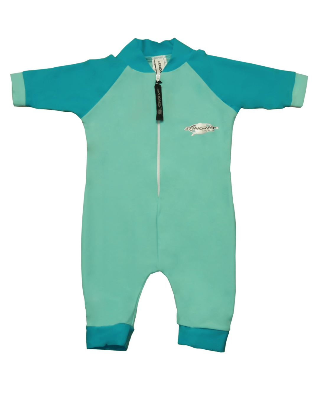 Green and blue baby all-in-one UV swimsuit with a Stingray logo on a white background