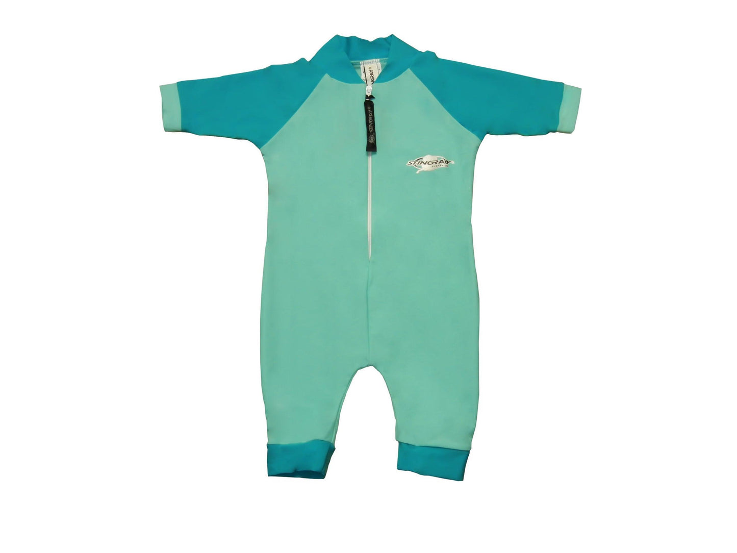 Best aqua and topaz Stingray Baby Full-Body UV Sunsuit with UPF 50+ protection, featuring a front zip, high collar, and chlorine-resistant fabric.