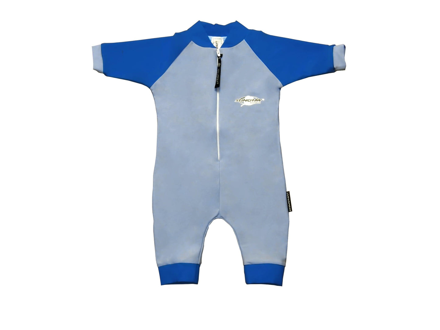 Best blue Stingray Baby Full-Body UV Sunsuit with UPF 50+ protection, featuring a front zip, high collar, and chlorine-resistant fabric.