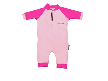 Best pink Stingray Baby Full-Body UV Sunsuit with UPF 50+ protection, featuring a front zip, high collar, and chlorine-resistant fabric.