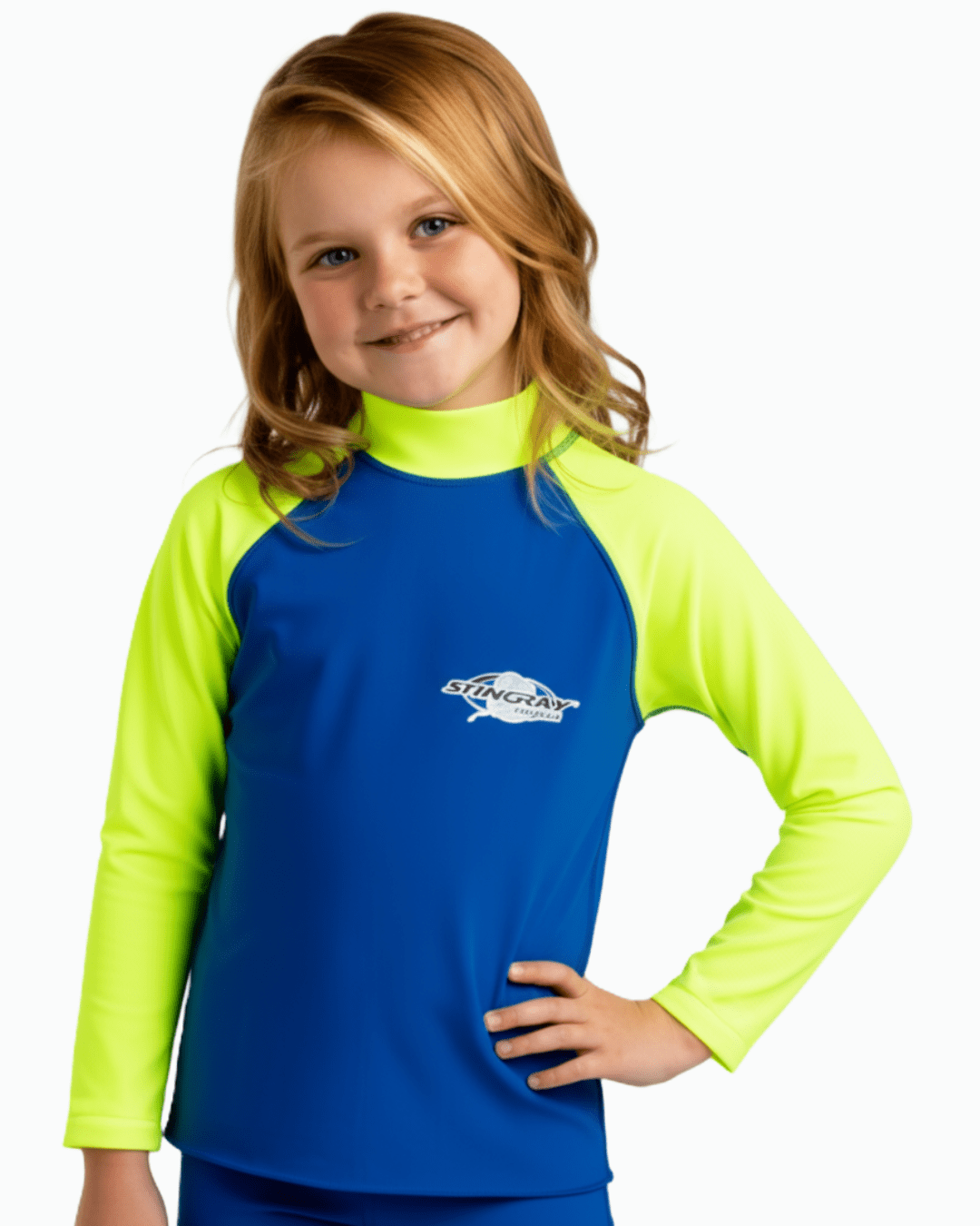 Girl wearing a blue and yellow long-sleeve sun protection shirt with a Stingray logo on a white background
